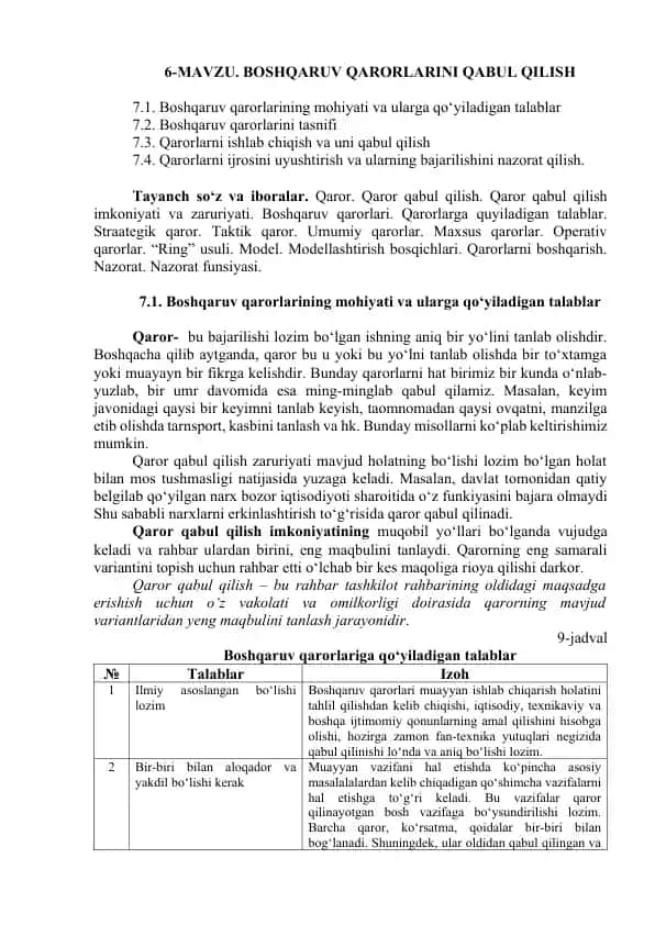 Qarorlarni Ishlab Chiqish va Uni Qabul Qilish