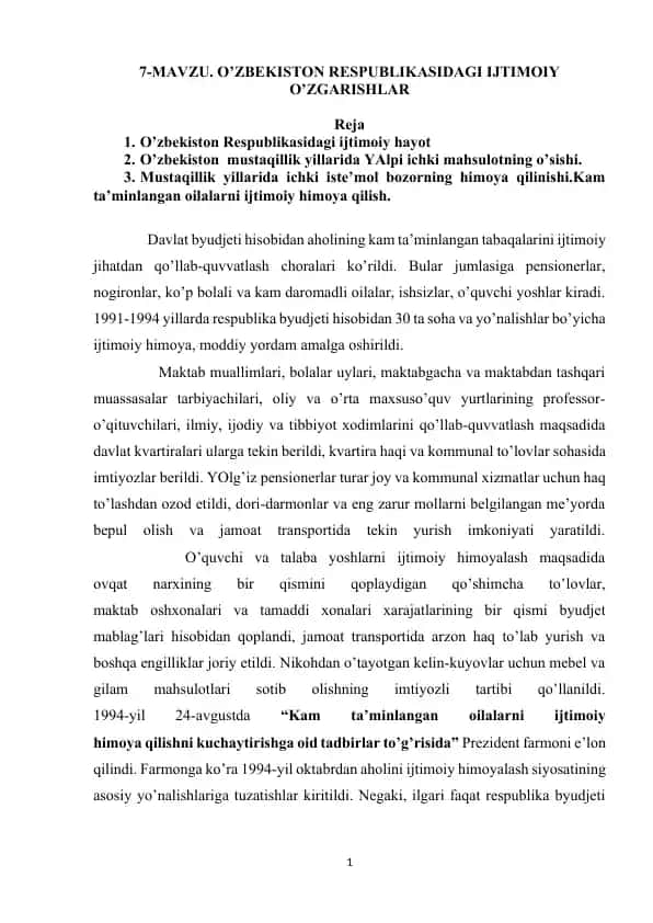 O'zbekiston Respublikasidagi Ijtimoiy O'zgarishlar