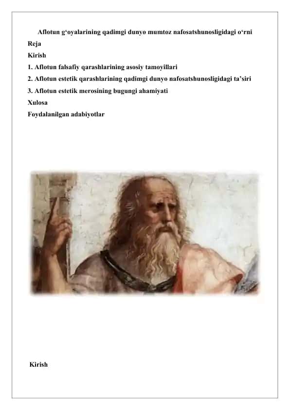 Aflotun g‘oyalarining qadimgi dunyo mumtoz nafosatshunosligidagi o‘rni