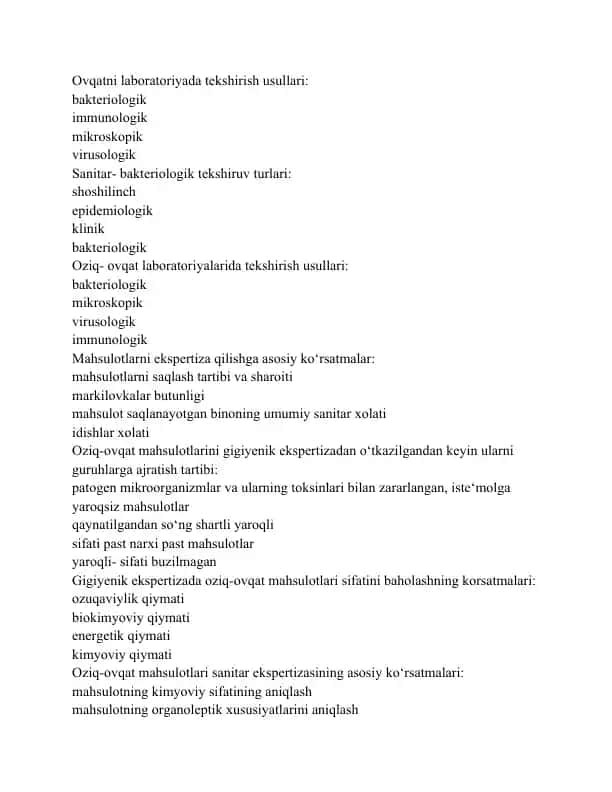 Ovqatni laboratoriyada tekshirish usullari