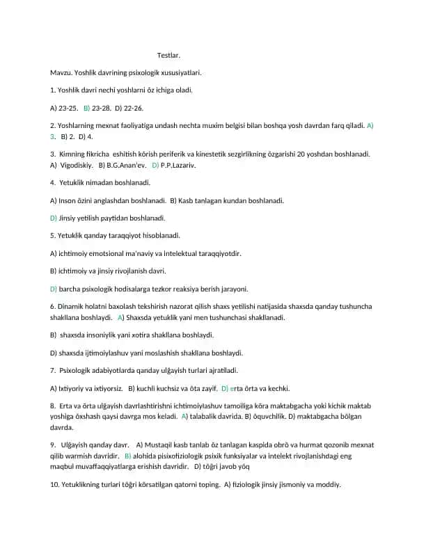 Yoshlik davrining psixologik xususiyatlari testlari