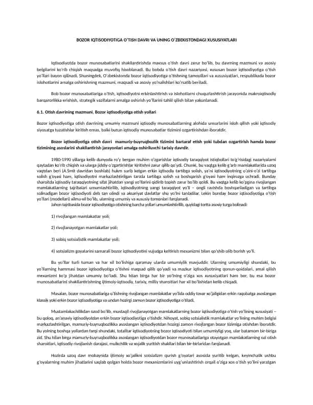 Bozor Iqtisodiyotiga O'tish Davri va uning O'zbekistondagi Xususiyatlari