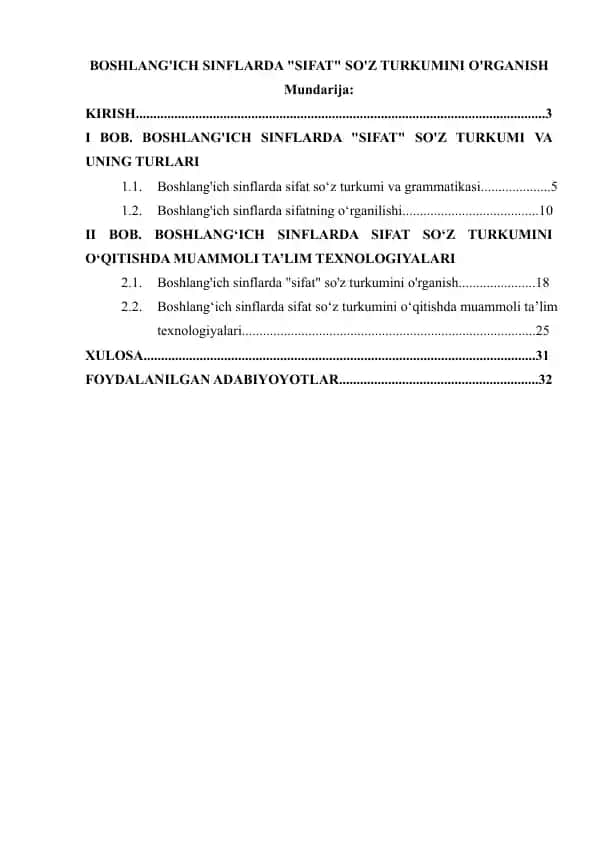 BOSHLANG'ICH SINFLARDA "SIFAT" SO'Z TURKUMINI O'RGANISH
