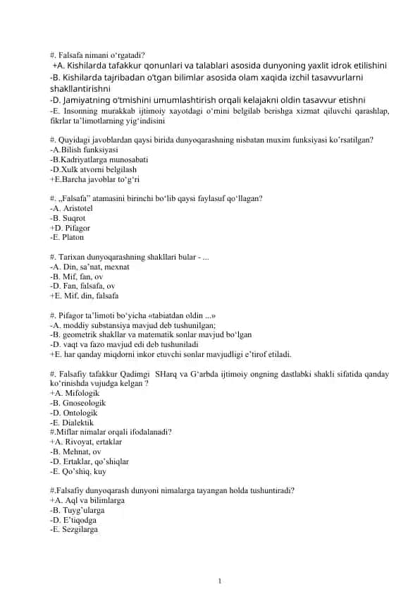 Falsafadan O'UMdagi 500 ta test javoblari