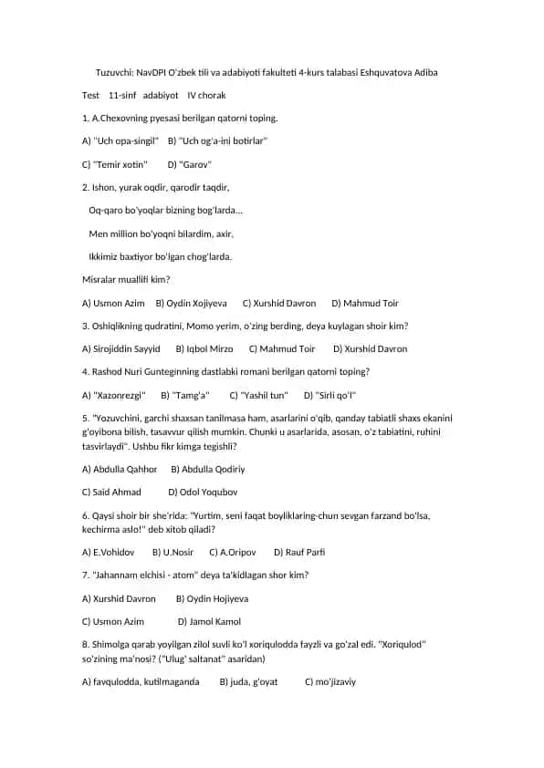 Test 11-sinf adabiyot