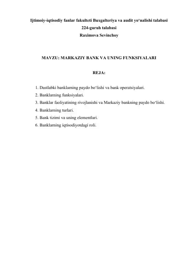 MARKAZIY BANK VA UNING FUNKSIYALARI