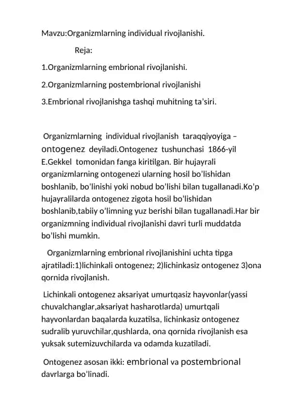Organizmlarning individual rivojlanishi