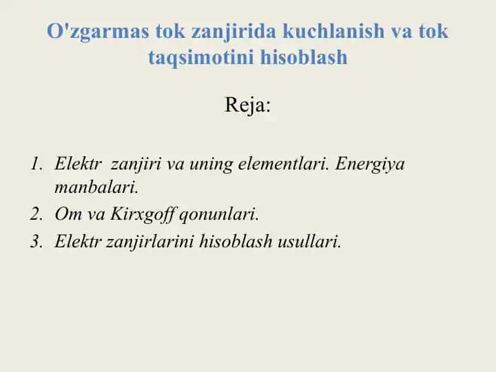 Elektr Energiya Qurol Zanjir va Uning Elementlari