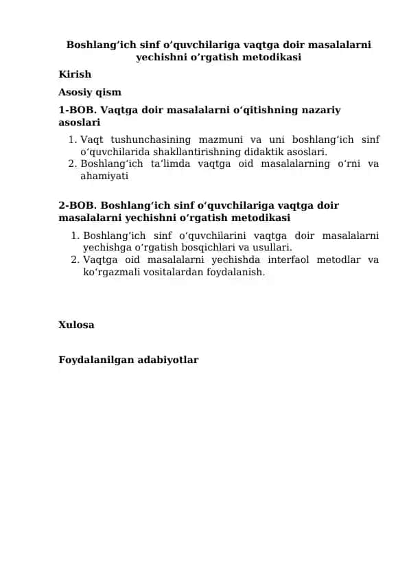 Boshlang’ich sinf o’quvchilariga vaqtga doir masalalarni yechishni o’rgatish metodikasi