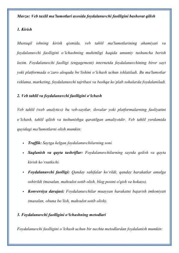 Veb taxlil ma’lumotlari asosida foydalanuvchi faolligini bashorat qilish