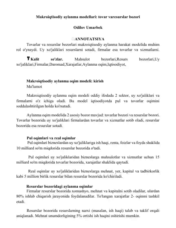 Makroiqtisodiy aylanma modellari: tovar varesurslar bozori