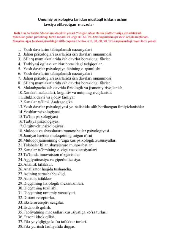 Mustaqil ishlash uchun psixologiya mavzulari