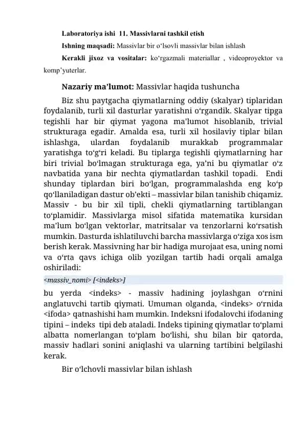 Laboratoriya ishi 11. Massivlarni tashkil etish