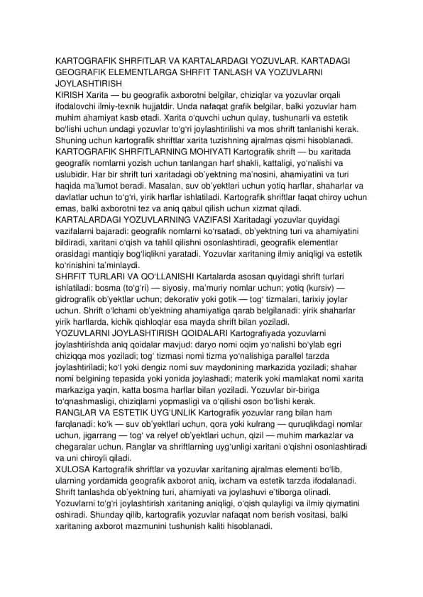 KARTOGRAFIK SHRFITLAR VA KARTALARDAGI YOZUVLAR