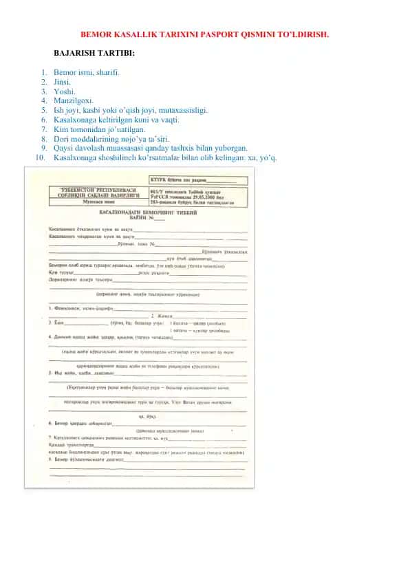 Bemor kasallik tarixini pasport qismini to'ldirish