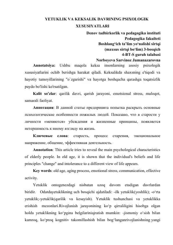 Yetuklik va keksalik davrining psixologik xususiyatlari