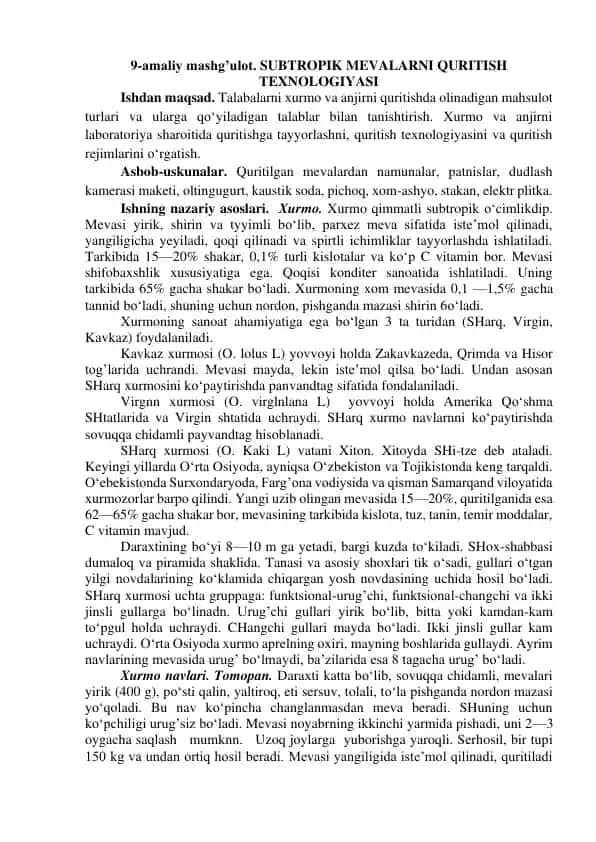 SUBTROPIK MEVALARNI QURITISH TEXNOLOGIYASI
