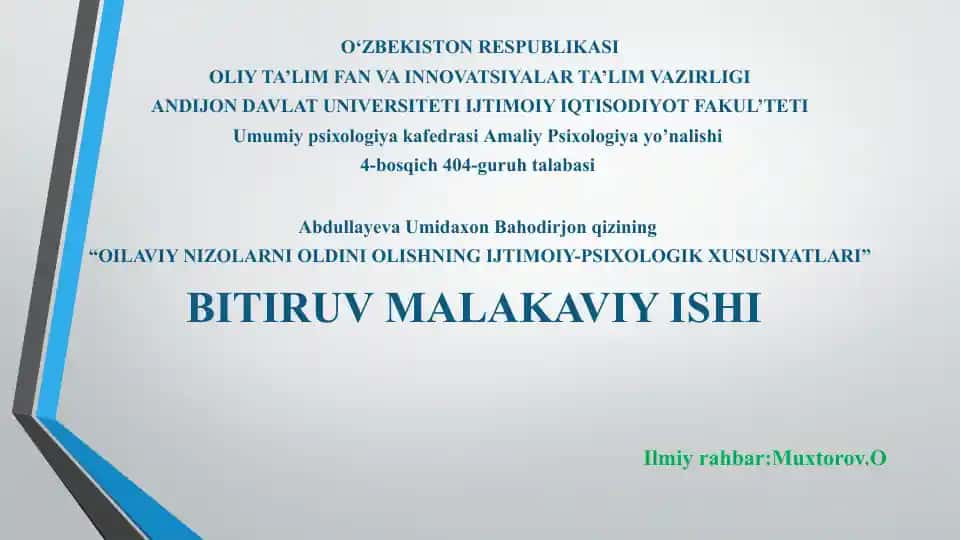 “OILAVIY NIZOLARNI OLDINI OLISHNING IJTIMOIY-PSIXOLOGIK XUSUSIYATLARI”