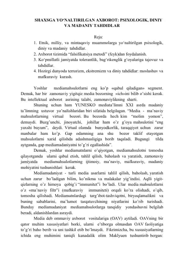 Yoshlar uchun mediamahsulotlar va ularning tahlili