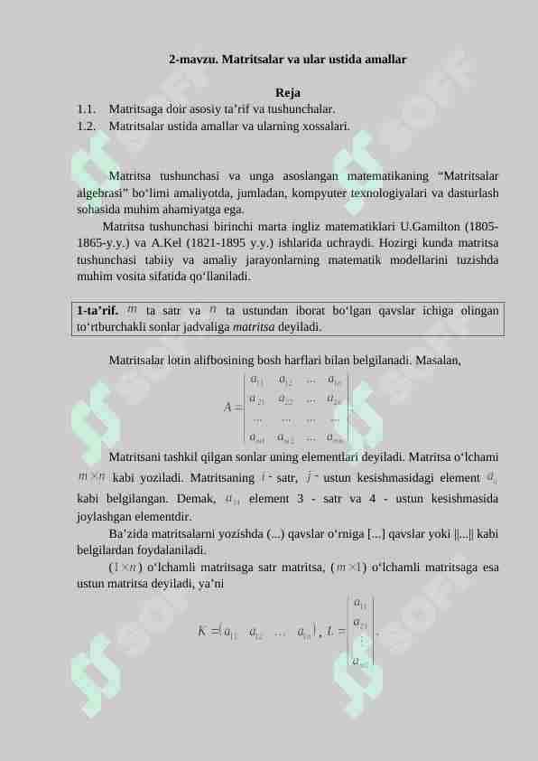 Oliy matematika Matritsalar haqida tushunchalar