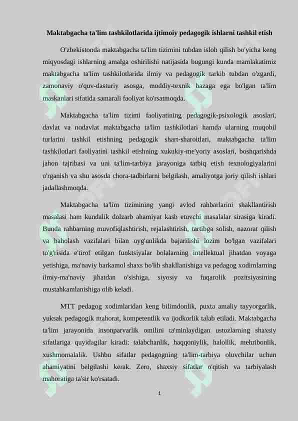 Maktabgacha ta'lim tashkilotlarida ijtimoiy pedagogik ishlarni tashkil etish