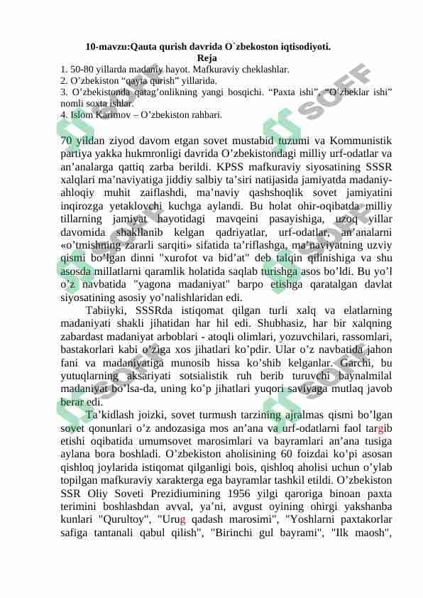 Qauta qurish davrida O`zbekoston iqtisodiyoti