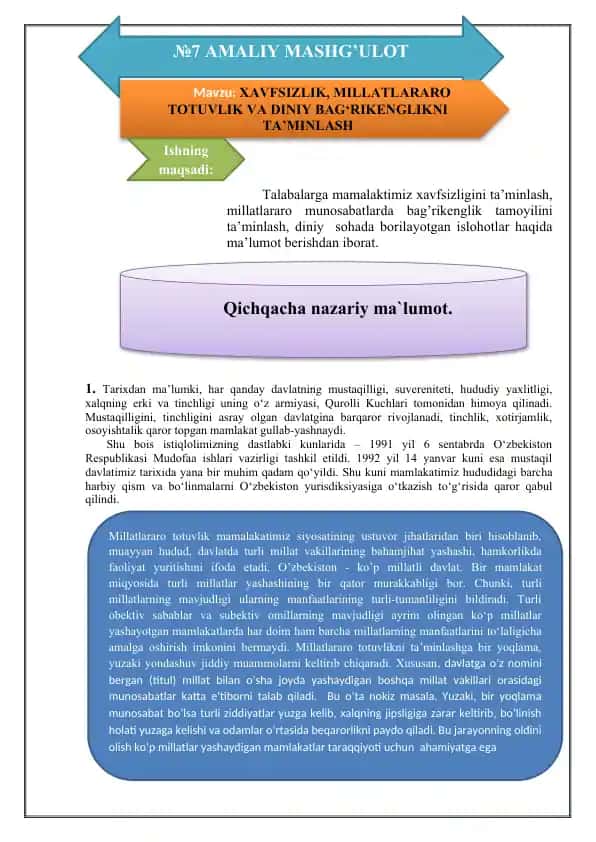 XAVFSIZLIK, MILLATLARARO TOTUVLIK VA DINIY BAG‘RIKENGLIKNI TA’MINLASH