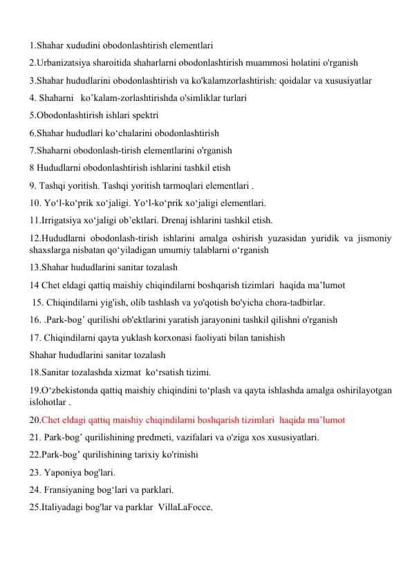 Shahar hududlarini obodonlashtirish va sanitar tozalash asoslari