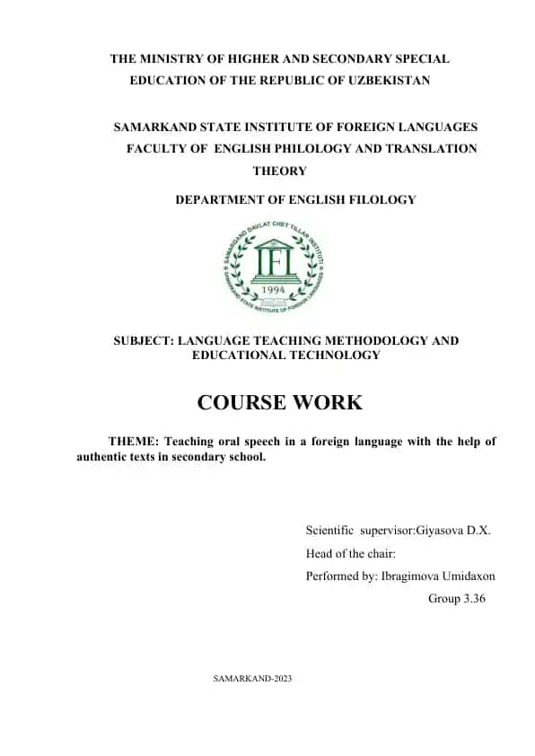 Teaching oral speech in a foreign language with the help of authentic texts in secondary school