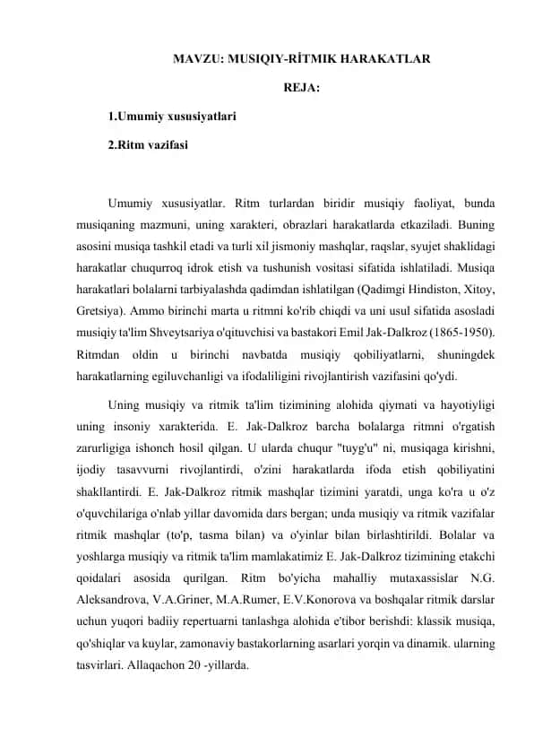 Musiqa va Ritmik Ta'lim