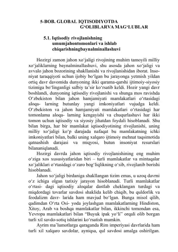 BOB. GLOBAL IQTISODIYOTDA G‘OLIBLARVA MAG‘LUBLAR