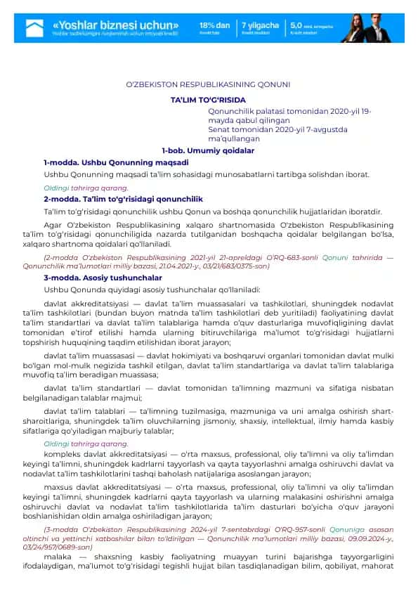 O‘ZBEKISTON RESPUBLIKASINING QONUNI TA’LIM TO‘G‘RISIDA