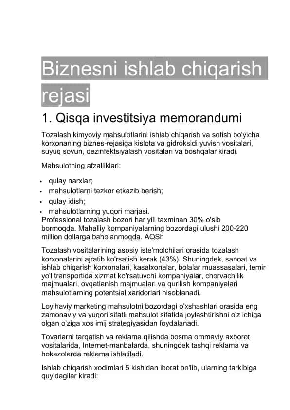 Biznesni ishlab chiqarish rejasi