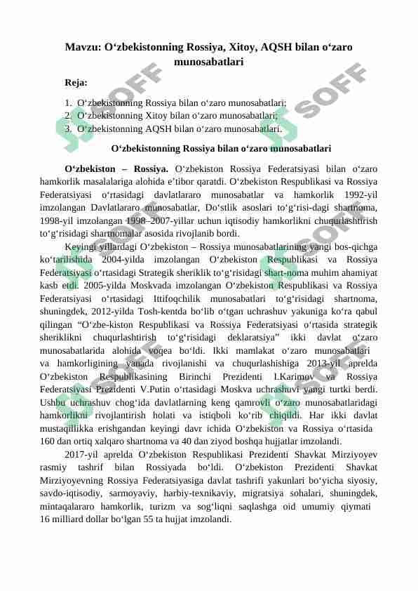 O‘zbekistonning Rossiya, Xitoy, AQSH bilan o‘zaro munosabatlari