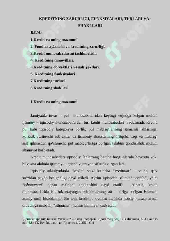 KREDITNING ZARURLIGI, FUNKSIYALARI, TURLARI VA SHAKLLARI