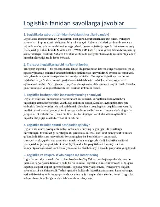 Logistika fanidan savollarga javoblar
