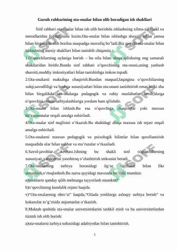 Guruh rahbarining ota-onalar bilan olib boradigan ish shakllari