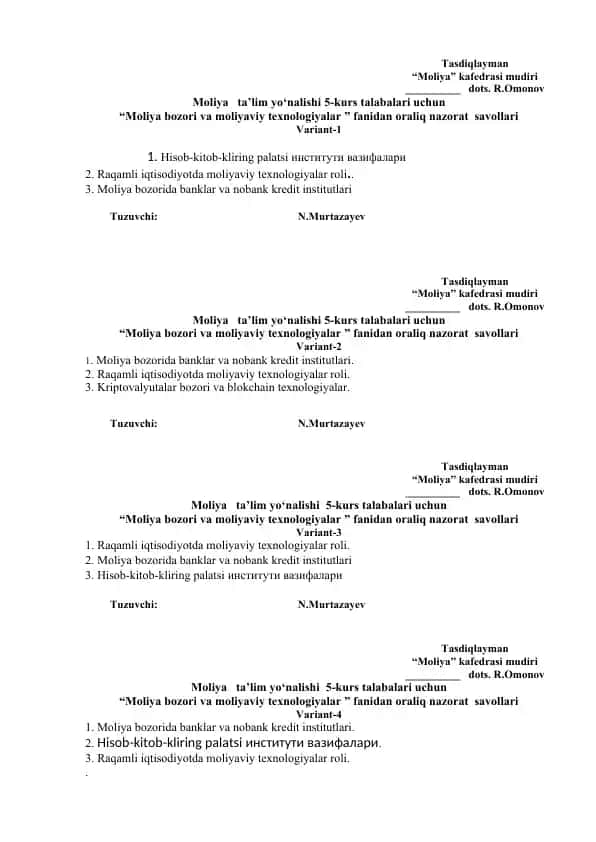 "Moliya bozori va moliyaviy texnologiyalar" nazorat savollari