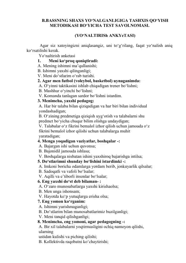 B.BASSNING SHAXS YO‘NALGANLIGIGA TASHXIS QO‘YISH METODIKASI BO‘YICHA TEST SAVOLNOMASI