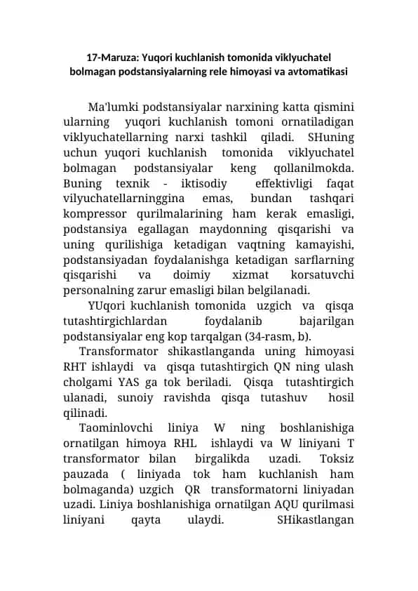Podstansiyalar himoyasi va avtomatikasi