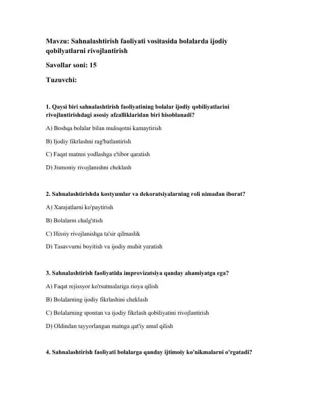 Sahnalashtirish faoliyati vositasida bolalarda ijodiy qobilyatlarni rivojlantirish