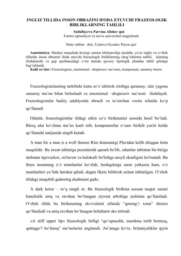INGLIZ TILLIDA INSON OBRAZINI IFODA ETUVCHI FRAZEOLOGIK BIRLIKLARNING TAHLILI