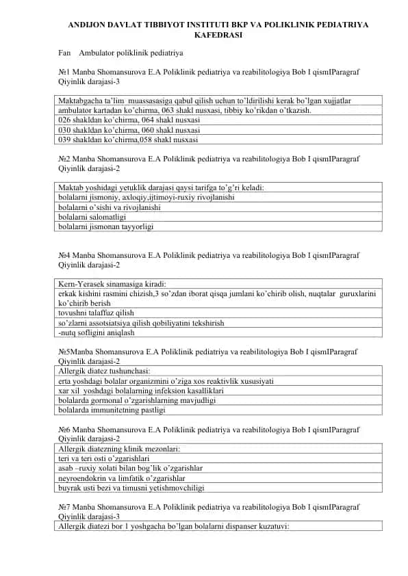 Ambulator poliklinik pediatriya Bob I savol-javoblar to‘plami