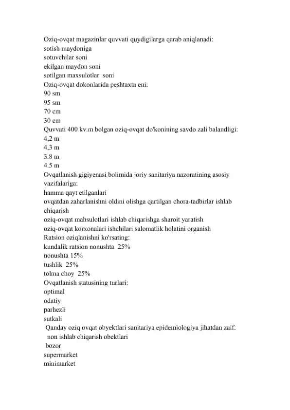 Oziq-ovqat magazinlari quvvati va xususiyatlari