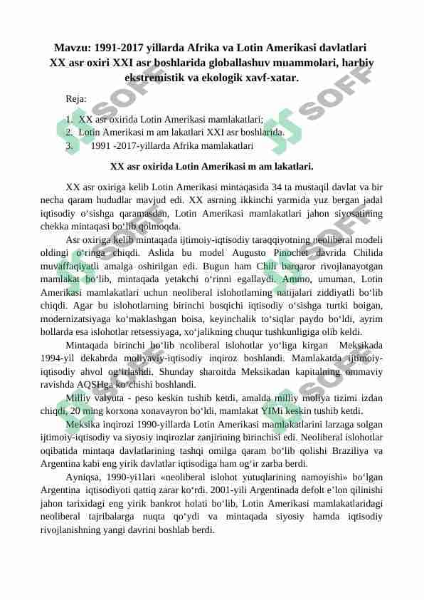 1991-2017 yillarda Afrika va Lotin Amerikasi davlatlari XX asr oxiri XXI asr boshlarida globallashuv muammolari, harbiy ekstremistik va ekologik xavf-xatar