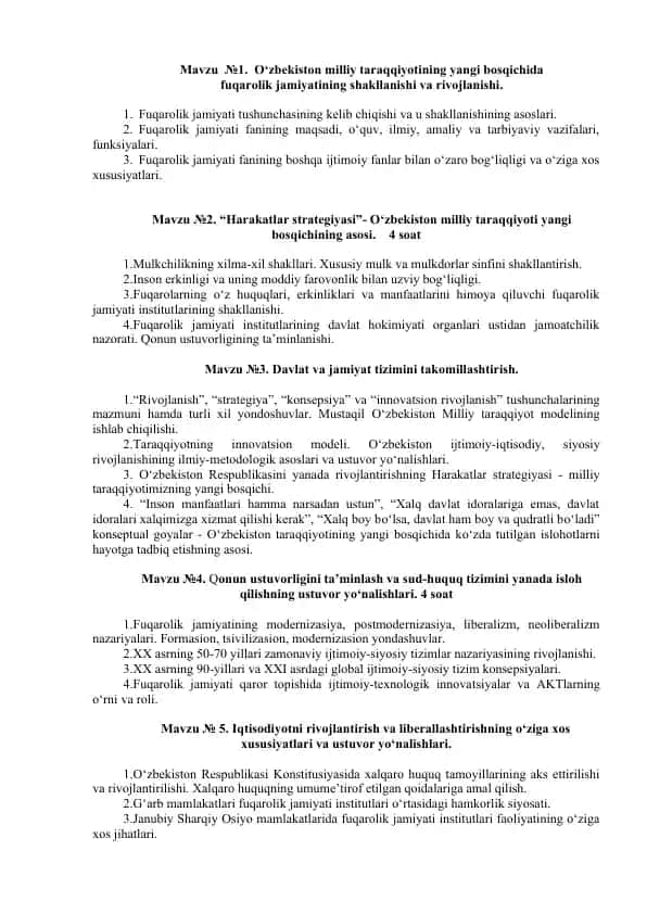 O‘zbekiston milliy taraqqiyotining yangi bosqichida fuqarolik jamiyatining shakllanishi va rivojlanishi