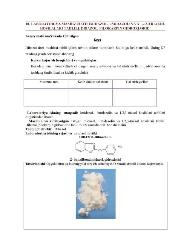 Imidazol, imidazolin va 1,2,3-triazol hosilalari tahlili. Dibazol, pilokarpin gidroxlorid