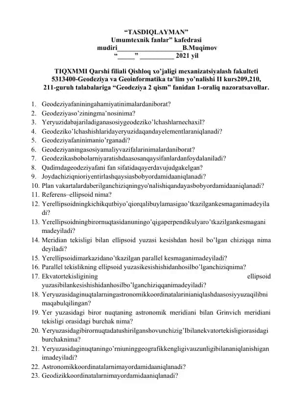 Geodeziya 2 qism nazorat savollari