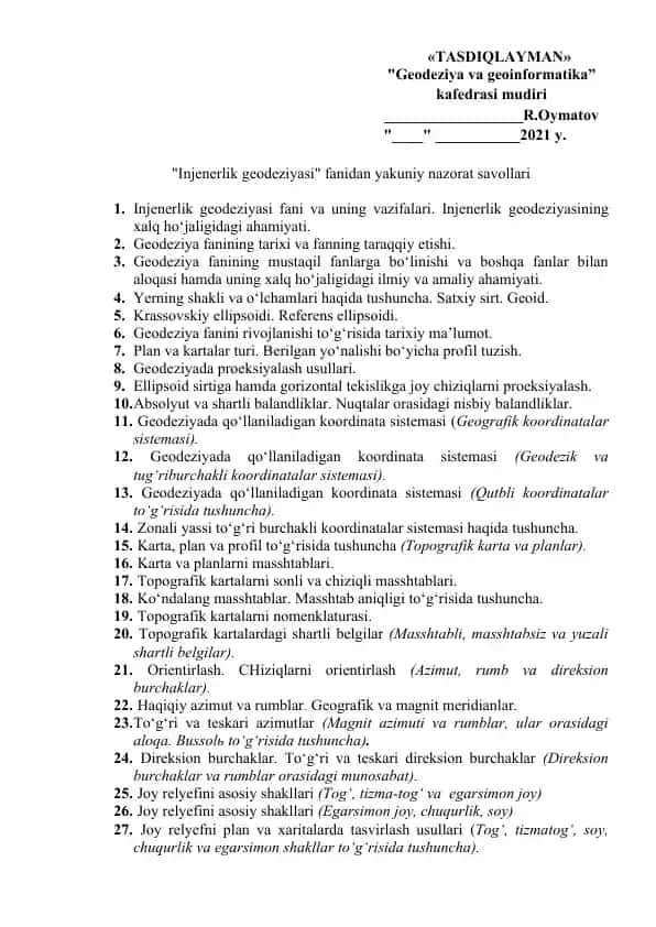 Injenerlik geodeziyasi yakuniy nazorat savollari