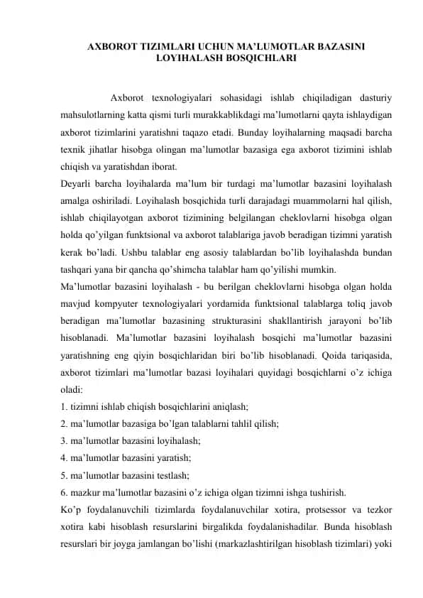 Axborot Tizimlari Uchun Ma'lumotlar Bazasini Loyihalash Bosqichlari